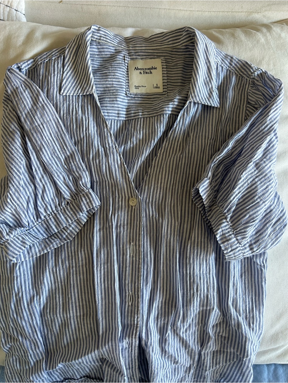 Abercrombie & Fitch Light Blue and White Striped Button-Up Shirt